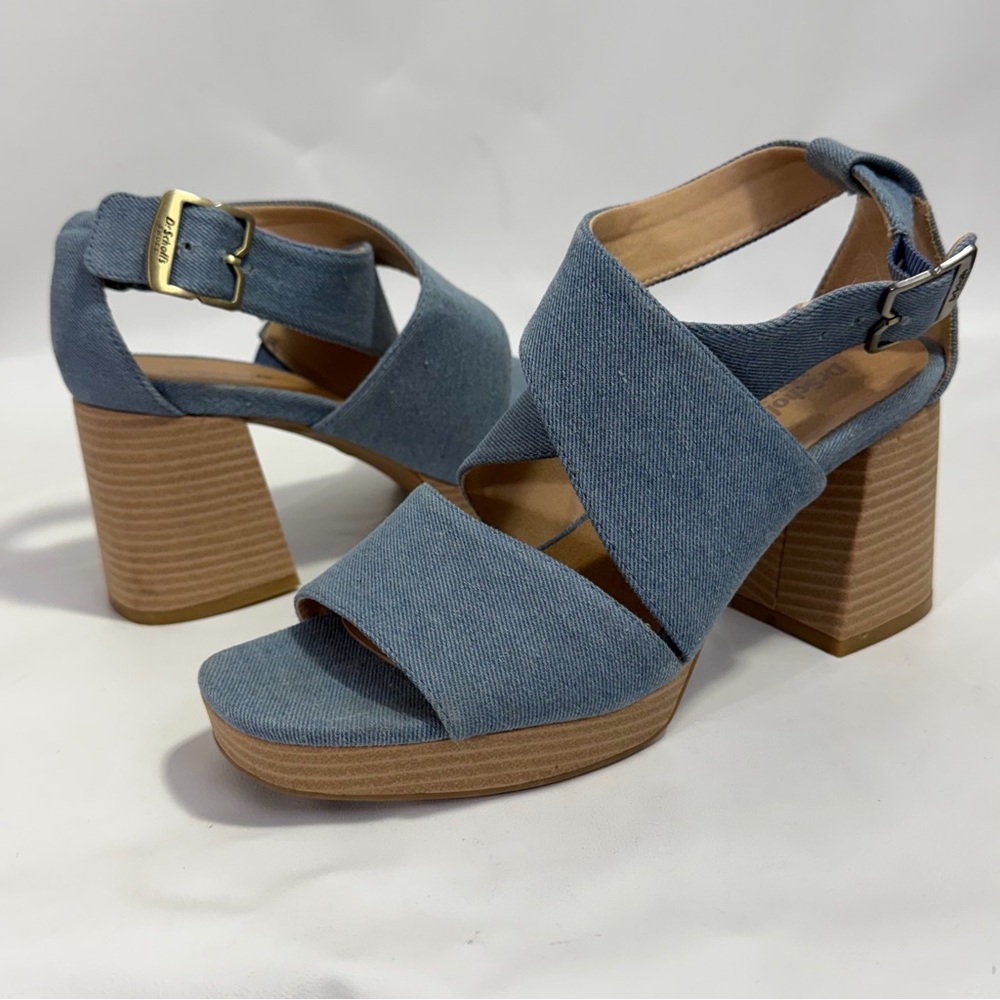 Dr Scholl’s Platform Chunky Heels Ankle Strap Sandals 8 M Blue Denim